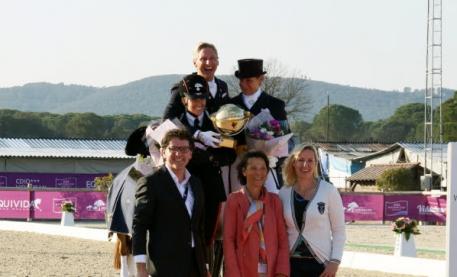 Freestyle podium with Valentina Truppa (2nd), Patrik Kittel (1st), Ulla Salzgeber (3rd), John van de Laar, WDM Managing Director, Isabelle Judet, president of the jury and Bernadette Brune, Director of Domaine Equestre des Grand Pins.