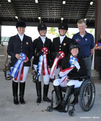 USA Para-Dressage Team at the Adequan Global Dressage Festival CPEDI3* March 15, 2014. (Left to Right: Mary Jordan (Grade IV), Angelea Peavy (Grade III), Rebecca Hart (Grade II), Chef D'Equipe Kai Handt, and Roxanne Trunnell (Grade Ia). (All Photos: Lindsay McCall.)