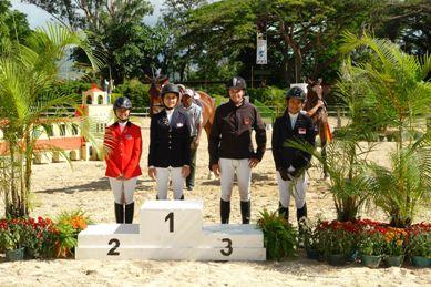 Pictured at the FEI World Jumping Challenge Final 2013 which took place at the Caracas Country Club in Venezuela - (L to R) silver medallist Siengsaw Lertratanachai (THA), gold medallist Isabel Sanchez (DOM), bronze medallist Philippe Burckel (MRI) and Janine Khoo (SIN) who finished just outside the medals in fourth place.