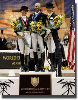 Tinne Vilhelmsson Silfven, Steffen Peters, and Tina Konyot, triumphant last year at World Dressage Masters Palm Beach. (Photo: Susan J. Stickle)