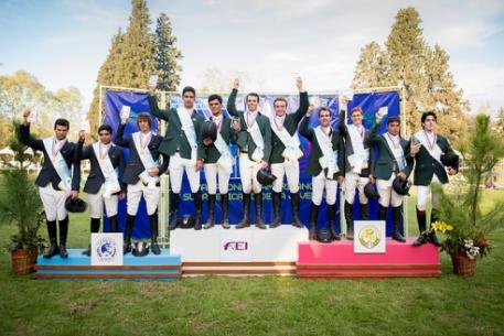 The medal-winning Young Riders teams on the podium at the FEI South America Young Rider Jumping Championship and FEI Americas Jumping Championships for Children, Pre-Juniors and Juniors 2013 in Rosario, Argentina: (L to R); bronze medallists from Argentina, Matias Dominino, Manuel Boragina Cerda, Nicolas Franchi:gold medal winning Brazil A team, Guilherme Dutra Foroni, Antonio Pedro Costa, Victor Mariano Luminatti, Joao Pedro Lambertucci and silver medallists Brazil V team, Kitaro Baldaia Bemfic