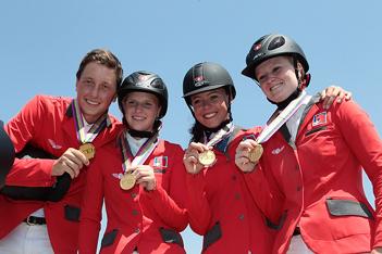 The Swiss team of Martin Fuchs, Emilie Stempfli, Annina Zuger and Chantal Muller clinched Young Riders Team Gold at the FEI European Jumping Championships for Children, Juniors and Young Riders 2013 at Vejar de la Frontera (ESP).  Photo: FEI/Moisés Basallote.