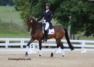 The lanky elegance of David Zeigler preparing for his event dressage test on Critical Decision. Photo: Mary Phelps