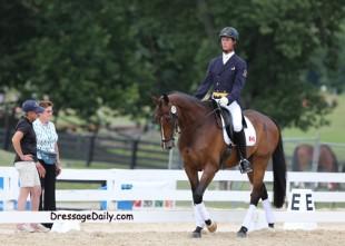 Missy and Jessica Ransehousen warming up David Ziegler for their event dressage test with Critical Decision. Photo: Mary Phelps