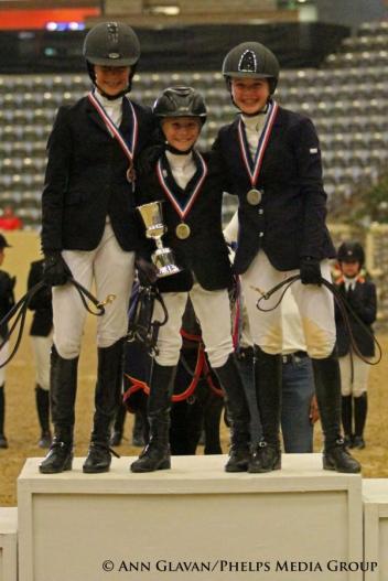 The top three finishers in the USEF Pony Jumper Individual Championship: Carson Ruff, Genevieve Munson and Maya Lovdal