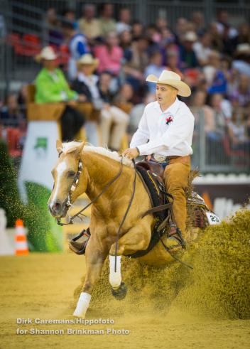 Cody Sapergia's sliding stop with Nu Chexomatic in the Team and First Individual Qualifier competition. Photo Credit: Dirk Caremans/Hippofoto for Shannon Brinkman Photo