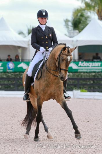 Adrienne Lyle during her winning ride on Zango, an 11-year-old PRE stallion owned by Leah Wilson. Photo: Sue Weakley
