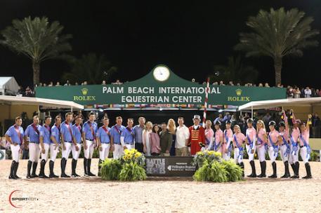 The men and women's teams celebrate a great night with Mark and Katherine Bellissimo of Equestrian Sport Productions, Wellington Regional Medical Center COO Pam Tahan, Nick Sama, M.D., Chairman of the Department of Orthopedics, Robbin Lee, CEO, Adam Bromberg, M.D., Chairman of the Department of Emergency Services, and ringmaster Steve Rector.