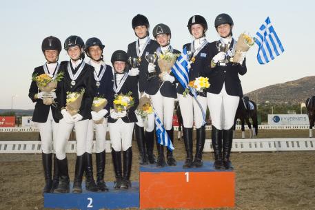 Dressage Balkan Championship Team Children.(From right to left) Greece Gold Medal: Sidira Despoina, Algiannaki Foivi, Retsou Eirini, Fragiadaki Natalia . Bulgaria Silver Medal: Georgieva Ivet, Hristozova Ava, Naydenova Madlin, Skedkova Yasna