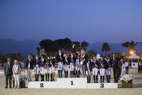 Podium Children 1. Russia, 2. France, 3. Spain European Championships Dressage 2016 Pic Leanjo de Koster