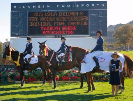 Children's individual gold medalist Tazmyn Geere (right) alongside silver medalist Alyce Bittar (center) and bronze medalist Molly Volkland (left) at the USHJA Children's Jumper West Regional Championships.