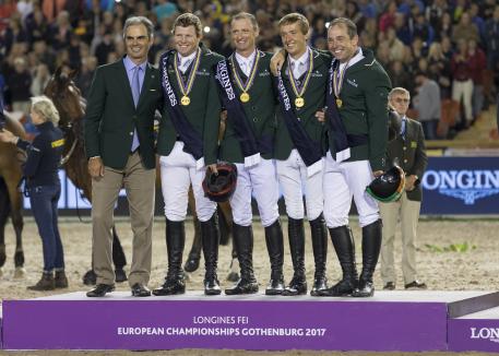 Against the odds, Team Ireland claimed Jumping gold at the Longines FEI European Championships 2017 at the Ullevi Stadium in Gothenburg, Sweden tonight. L to R - Chef d'Equipe Rodrigo Pessoa, Shane Sweetnam, Denis Lynch, Bertram Allen and Cian O'Connor