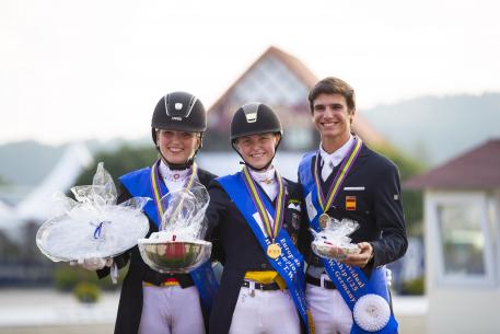 European Champion Individual 1. Sanneke Rothenberger and Deveraux OLD, 2. Florine Kienbaum and Doktor Schiwago 3, 3. Juan Matute Guidon and Don Diego Ymas European Championships Dressage U25 2016 