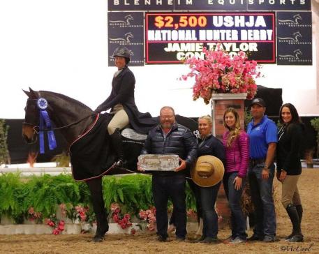 Jamie Taylor celebrates the win with Mark Bone, Denise Finch, Amanda Fox, Travis Hunter of Equine Rehab and Conditioning and Jett Martin