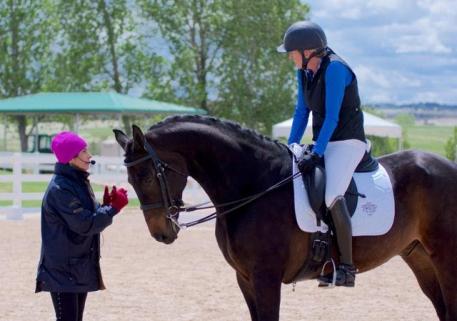 Jane Savoie instructs a clinic participant during the 2017 Dressage Symposium In The Rockies. 