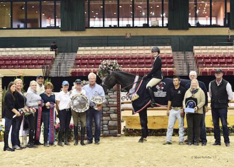 Kelli Cruciotti and Darius in their award presentation after winning the  Private Tutoring Services North American Junior Equitation Championships  