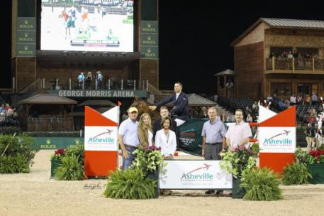 Kent Farrington and Gazelle in their presentation ceremony with Mark & Katherine Bellissimo, Robin Parsky, and Lew Bleiweis Executive Director of Asheville Regional Airport accompanied by Bob Roberts and Bill Meyer. 