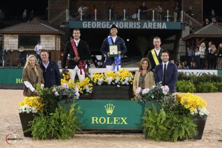 Kent Farrington, Eugenio Garza, and Richie Moloney in their presentation ceremony alongside Mark and Katherine Bellissimo of Tryon Equestrian Partners, Robin Parsky, and Kyle Younghans, Sports Marketing Manager, Rolex Watch USA.