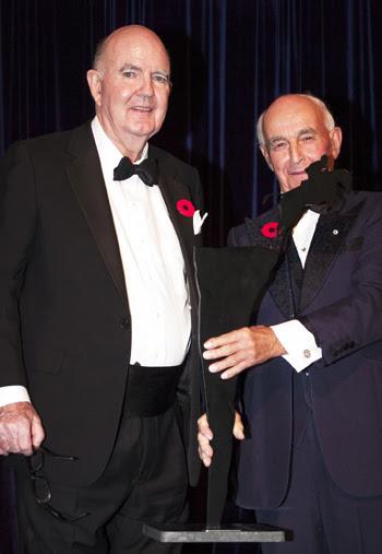 Moffat Dunlap (left) was the recipient of the Hall of Fame Award in the category of Builder (Individual), presented by his long-time friend and Canadian Equestrian Teammate, James Elder.