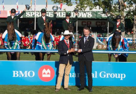 The winning team of Brazil (from left to right) Pedro Veniss, Eduardo Menezes, Rodrigo Pessoa and Felipe Amaral in their presentation with Chef d’Equipe Jean Maurice Bonneau and Frank Techar, Chief Operating Officer, BMO Financial Group (Photo: Spruce Meadows Media)