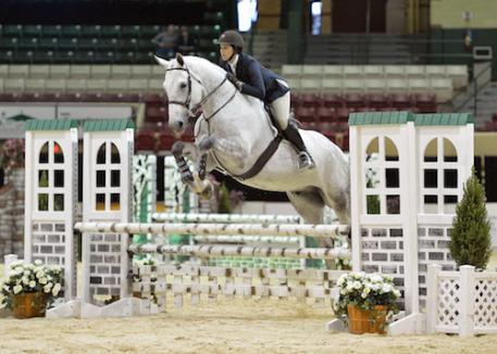 Nikki Diamantis and Falcor on their way to winning the  Adult Amateur Equitation 18-29 division.