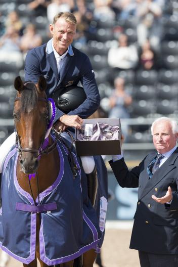 Peder Fredricson SWE riding "H&M All In" and Louis Konickx, Course Designer.