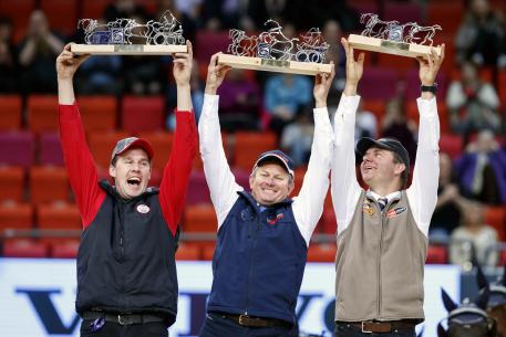 The winners in the prize giving ceremony FEI World CupTM Final Driving, Jérome Voutaz (SUI), Boyd Exell (AUS) and Koos de Ronde (NED)