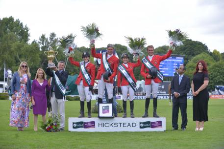 Team Germany won the eighth and last leg of the Furusiyya FEI Nations Cup™ Jumping 2016 Europe Division 1 League at Hickstead (GBR) today. (L to R) Daisy Bunn, Director of Hickstead Clare Salmon, Chief Executive British Equestrian Federation, German Chef d’Equipe Otto Becker, team members Janne Friederike Meyer, Ludger Beerbaum, Meredith Michaels-Beerbaum and Patrick Stuhlmeyer, Fawaz Al Shubaili, First Secretary Saudi Arabian Embassy and Roxanne Tierney, PR Manager Longines UK/Ireland. (FEI/Sebastian Oakle