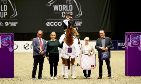 Ulf Helgstrand (president, The Danish Equestrian Federation), Anna Kasprzak (ECCO), Cathrine Dufour and Atterupgaards Cassidy, Susanne Baarup Christensen (president of the ground jury) and Jens Trabjerg (Organizer World Cup Herning)