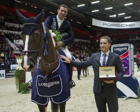  Winner Romain Duguet riding "Quorida de Treho" with Casper Gebeke, Longines Brand Manager Denmark, Sweden and Finland.