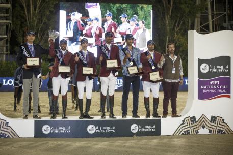 eam Qatar, winners of tonight’s Longines Challenge Cup at the Furusiyya FEI Nations Cup™ Jumping Final 2015 in Barcelona, Spain: (L to R) Chef d’Equipe Willem Meeus, Ali Yousef Al Rumaihi, Khalid Mohammedd Al Emadi, Sheikh Ali Bin Khalid Al Thani, Hamad All Mohamed Al Attiyah and Bassem Hassan Mohammed