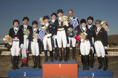 Dressage Balkan Championship Team Seniors.(From right to left)Turkey Bronze Medal:Alaluf Melda,Saricoban Sakris-Murat,Adas Ebru. Center Greek Gold Medal:Stavroulakis Stelios,Sahinoglou Dafne,Tsamandoura Antonia,Koupenou Evangelia. Left Bulgaria Team Silver:Kroumova Boriana,Ganukov Raiko and Sokolova Veselina