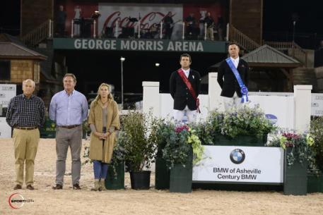 Sharn Wordley and Conor Swail in their presentation ceremony alongside Steve Gordon of BMW, and Mark & Katherine Bellissimo of Tryon Equestrian Partners (TEP).