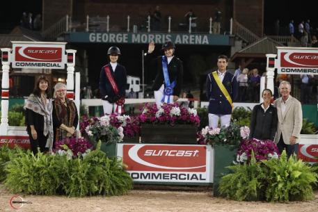 Marilyn Little, Eve Jobs, and Nicola Philippaerts in their presentation ceremony with Jennifer Smith of Tryon Equestrian Partners, Sharon Decker, COO of Tryon Resort & TIEC, Lauren Tisbo of Suncast®, and Roger Smith of Tryon Equestrian Partners.