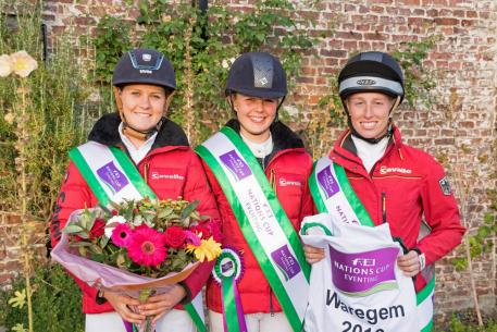 The victorious German team at Waregem (BEL), the eighth and penultimate leg of the 2016 FEI Nations Cup™ Eventing. L-R Leonie Kuhlmann (Cascora), Stephanie Böhe (Haytom), Franziska Keinki (Lancaster 149) (Eventing Photo/FEI)