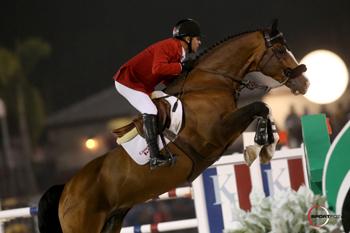 Coco Bongo, owned by Artisan Farms LLC, made his Nations’ Cup debut under Canada’s Eric Lamaze in Friday night’s 00,000 Nations’ Cup in Wellington, Florida.   Photo by Sportfot