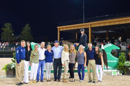 David Blake in presentation ceremony with Allyn Mann and Caroline Hogan of Adequan®, Randi Goulding, Roger Smith, Aoife O'Grady, Mark Bellissimo, Katherine Bellissimo, Gwen Dvorkin, Lisa Lourie, George Morris, and Carly Dvorkin (Photo: ©ManciniPhotos.)