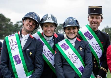 The French team repeated their feat of 2014 when they also won on home soil, and enjoyed a comfortable victory at the opening leg of FEI Nations Cup™ Eventing 2015 in Fontainebleau. Left to right: Karim Florent Laghouag (FRA), Helene Vattier (FRA), Gwendolen Fer (FRA) and Arnaud Boiteau (FRA). 