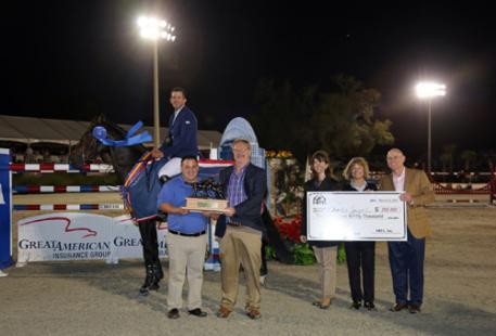 Great American Insurance representatives, including President of the Equine Division Ken Standlee, present Charlie Jayne and Chill R Z with a check for $350,000 after winning the 2015 Great American  Million Grand Prix at HITS Ocala. (C) ESI Photography