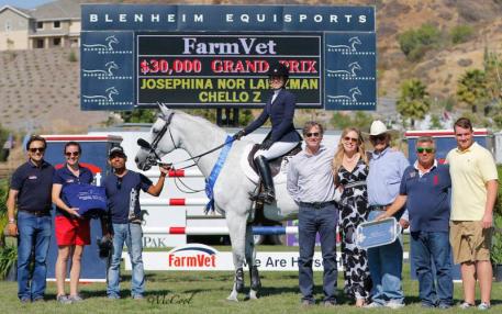 Josephina Nor Lantzman and Chello Z pictured with representatives from FarmVet, Robert Ridland and Melissa Brandes of Blenheim EquiSports, friends and family. Photo by McCool