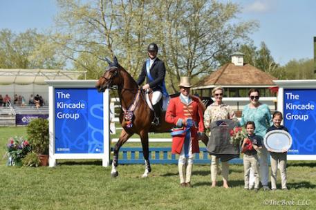 Mclain Ward and HH Azur in their winner's presentation with Ringmaster Alan Keeley, USEF President Chrystine Tauber, Barbara Hakim of Old Salem Farm and family. Photo by The Book, LLC