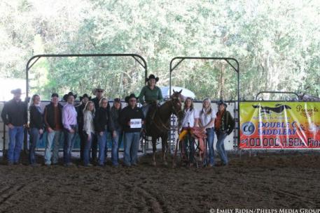Morgan Holmes and Mutt accept their awards as the Non Pro Two Rein champions.
