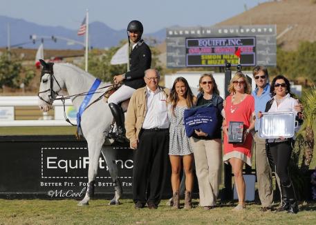 Simon Nizri and SN Stables, LLC's E Muze Yek, pictured with R.J. Brandes, Laila Klinsmann, Blenheim EquiSports VP of Marketing Melissa Brandes, Lauren Davis of EquiFit, inc., Blenheim EquiSports President Robert Ridland and Adrienne Brandes. Photo by McCool Photography