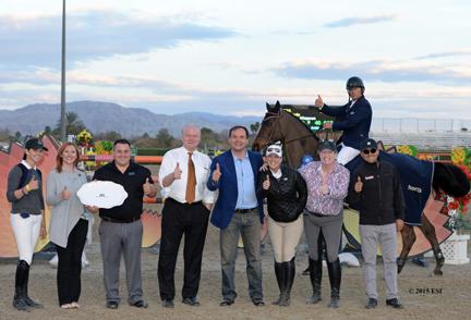 Will Simpson and The Dude, owned by Monarch International, take home the blue ribbon from the $30,000 SmartPak Grand Prix Sunday, February 22, at HITS Thermal. (c) ESI Photography