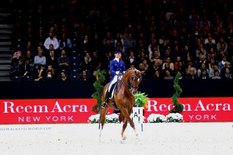 Two-time series champions, Adelinde Cornelissen and Jerich Parzival NOP, won the second leg of the Reem Acra FEI World Cup™ Dressage 2014/2015 Western European League at Lyon, France tonight. (FEI/Pierre Costabadie)