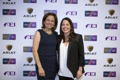 Ariat International, the US-based leader in Western and English footwear and apparel, today signed an exclusive licensing and sponsorship agreement with the International Equestrian Federation (FEI) at the FEI World Cup™ Finals in Las Vegas – pictured left is Beth Cross, founder and CEO of Ariat International and right is Lisa Lazarus, Chief of Business Development & Strategy at the FEI. (FEI/Dirk Caremans)
