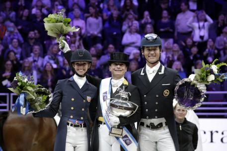 Isabell WERTH (GER) wins the The FEI World Cup™Dressage Final ll, Grand Prix Freestyle, April 1 2017. Laura Graves (USA) placed 2nd and Carl Hester finished 3rd. Photo Cara Grimshaw/FEI
