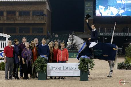 Andres Rodriguez and S.F. Ariantha in their presentation ceremony accompanied by Kent Holden of Tryon Estates, Jody Solesbee of Tryon Estates, Mark Bellissimo, Sharon Decker, Katherine Bellissimo, Secretary John Skvarla, Governor Pat McCrory, Paige Bellissimo, Clementine Goutal, and groom Danielle Burns 