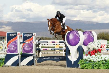 Chela LS ridden by Ashlee Bond (USA) at the Longines FEI World Cup™ Jumping North America league, Thermal.