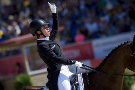 Bettina Hoy (GER) sets a new European Championships record with her dressage mark of 24.6 on Seigneur Medicott to give the defending German team a commanding lead after the first day of competition at the FEI European Eventing Championships in Strzegom (POL)